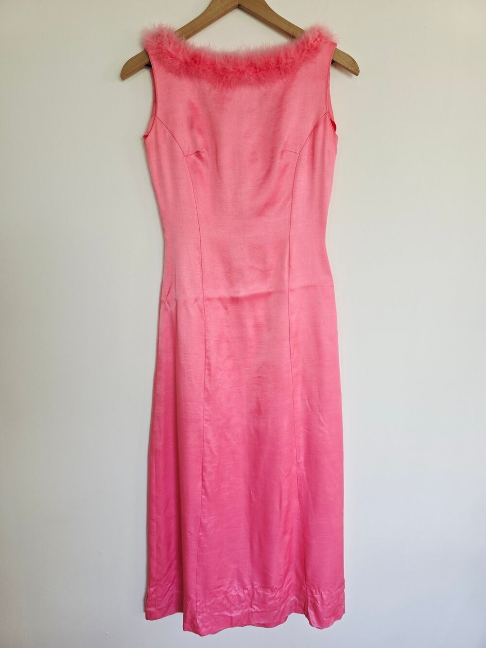 Vintage Pink Feather Trim Midi Dress Sleeveless Slip Dress Size XS/S